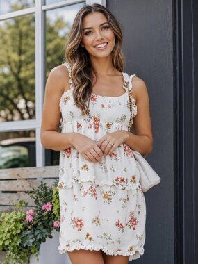 White Floral Babydoll Mini Dress Tiered Ruffle Sleeveless Boho NWT